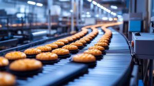 Pastry products moving along an industrial food-processing conveyor line